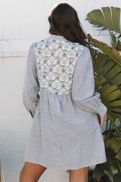 Stripe Floral Patchwork Tied V-Neck Mini Dress