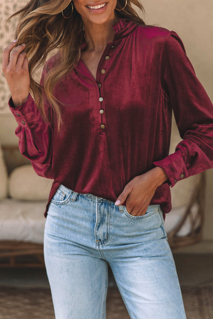 Velvet Frilled Neck Buttoned Top