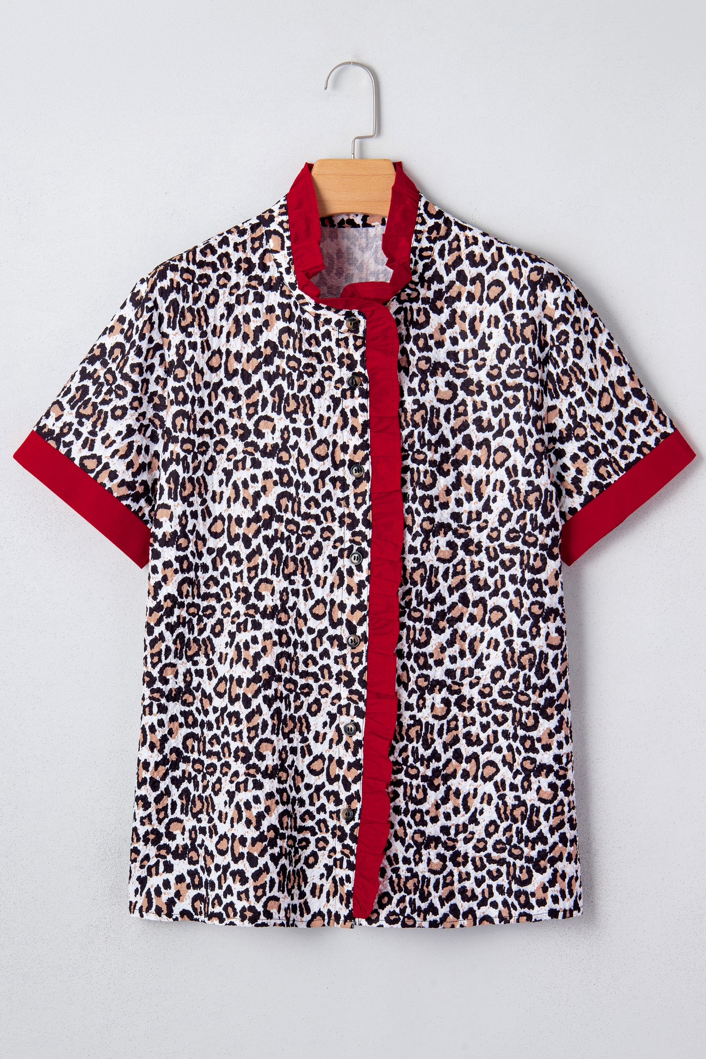 Leopard Contrast Trim Frilled V-Neck Shirt