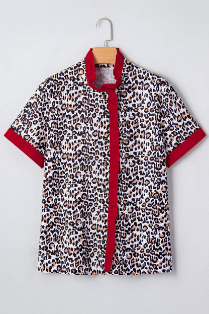 Leopard Contrast Trim Frilled V-Neck Shirt