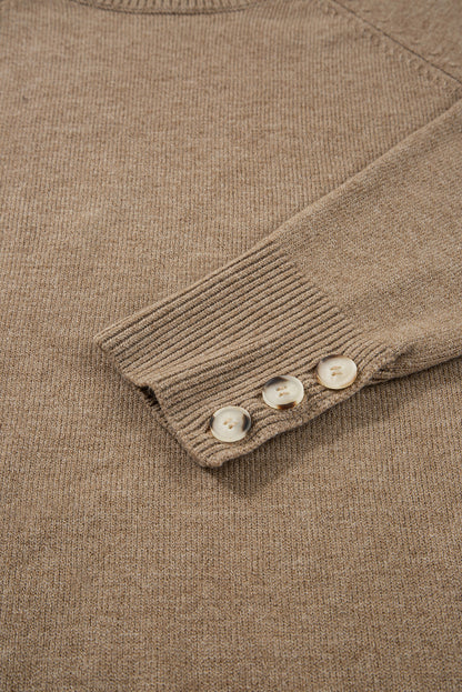 Solid Buttoned Bishop Long Sleeve Crew Neck Sweater