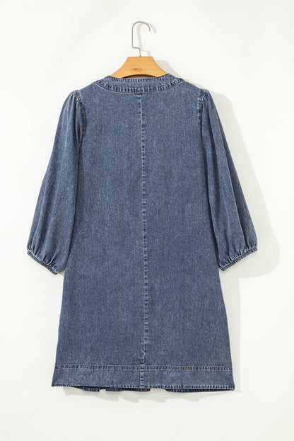 Denim 3/4 Sleeve Tied V-Neck Pleated Mini Dress