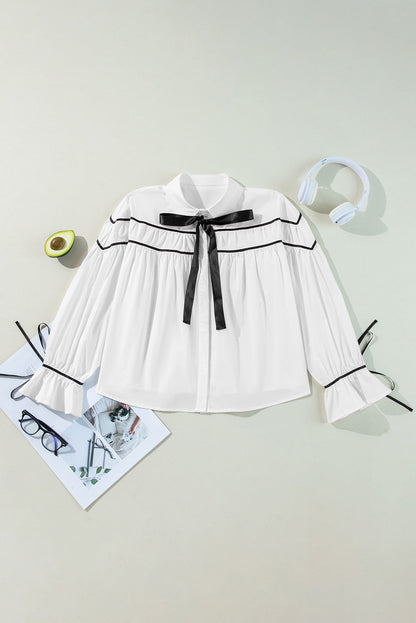 Stripe Ribbon Bow Puff Sleeve Shirt