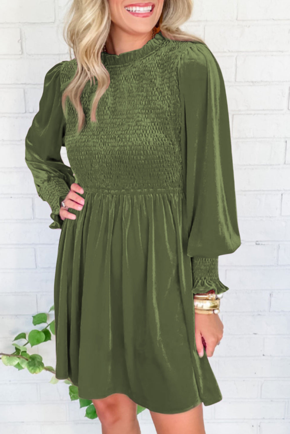 Velvet Smocked Puff Sleeve Dress