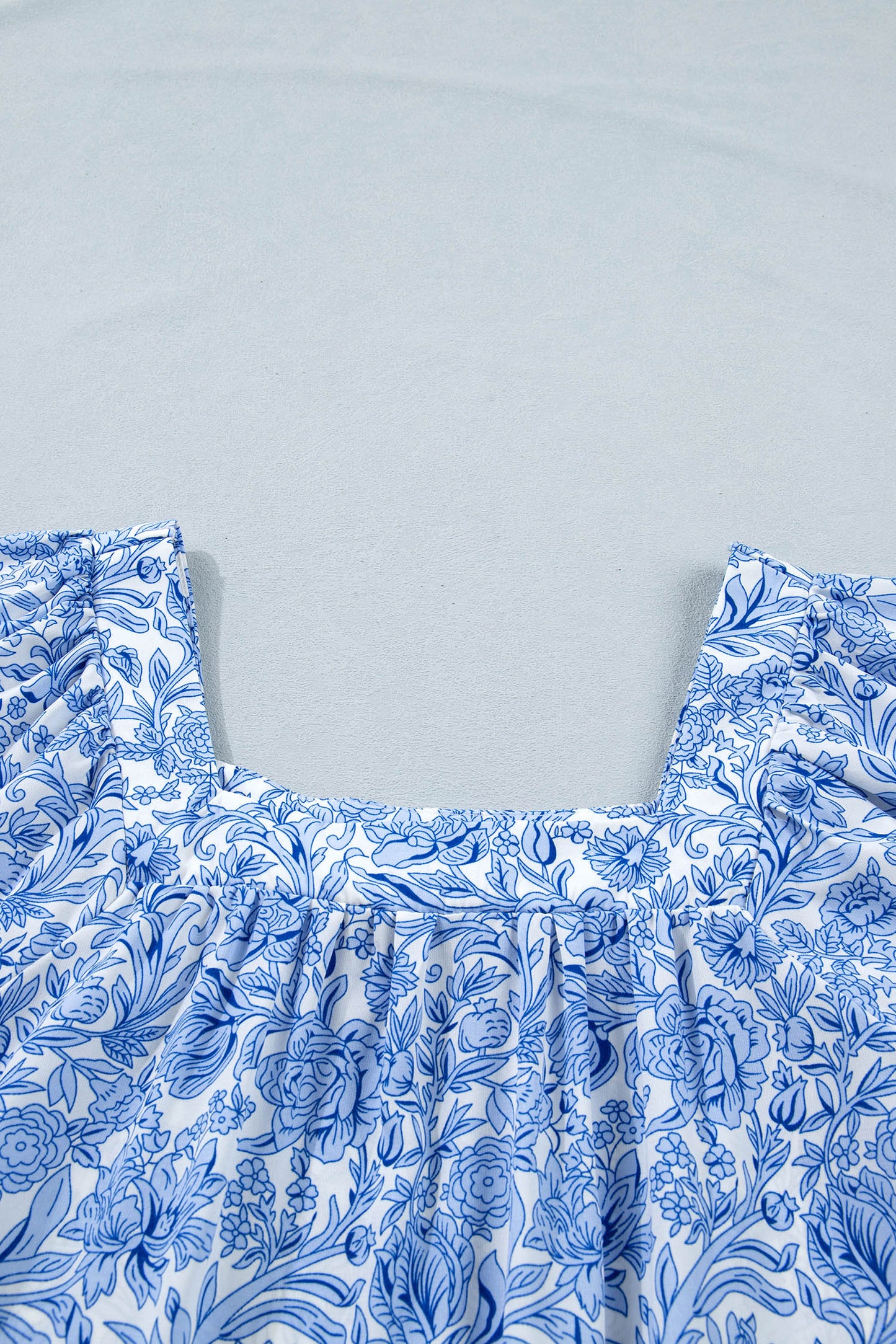 Floral Pleated Square Neck Puff Sleeve Blouse