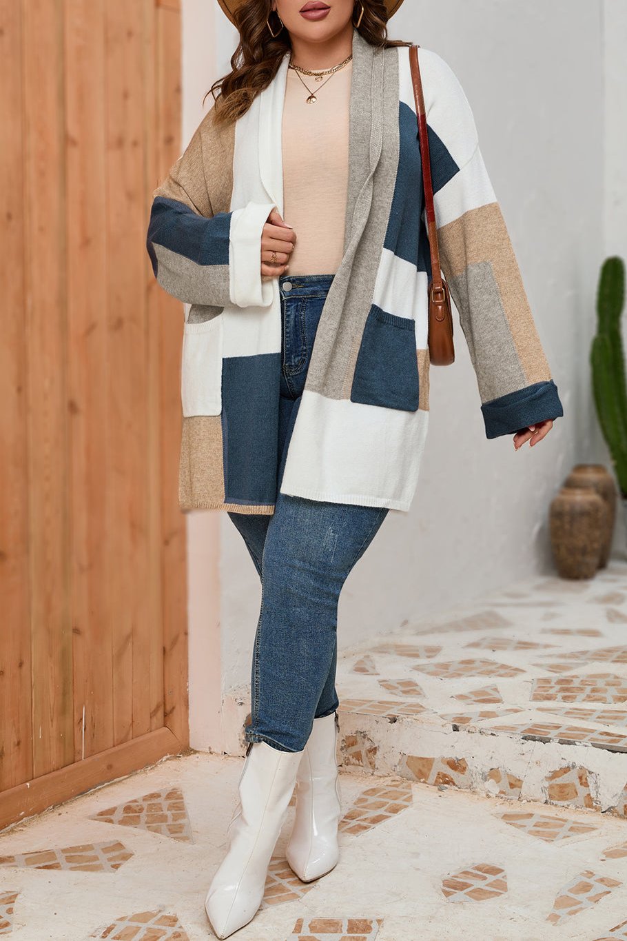 Plus Size Colorblock Open Front Pocketed Cardigan