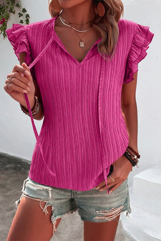 Textured Ruffle Sleeve V-Neck Top