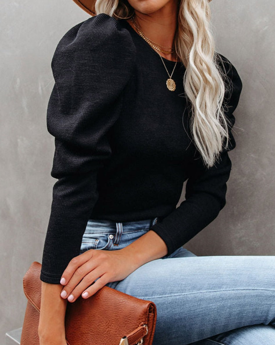 Ribbed Long Puff Sleeve Top