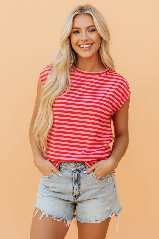 Stripe Ribbed Cap Sleeve Round Neck T-Shirt