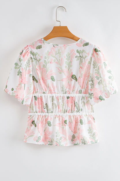 Floral Tied V-Neck Puff Sleeve Peplum Blouse