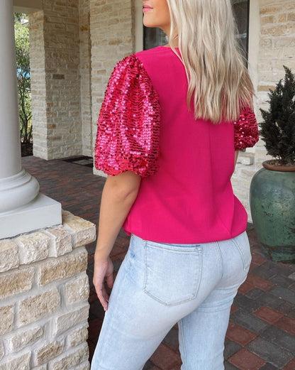 Sequin Patchwork Puff Sleeve T-Shirt