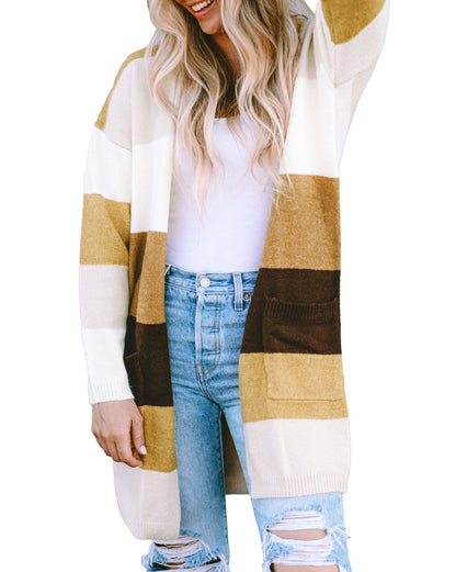 Colorblock Open Front Pocketed Cardigan