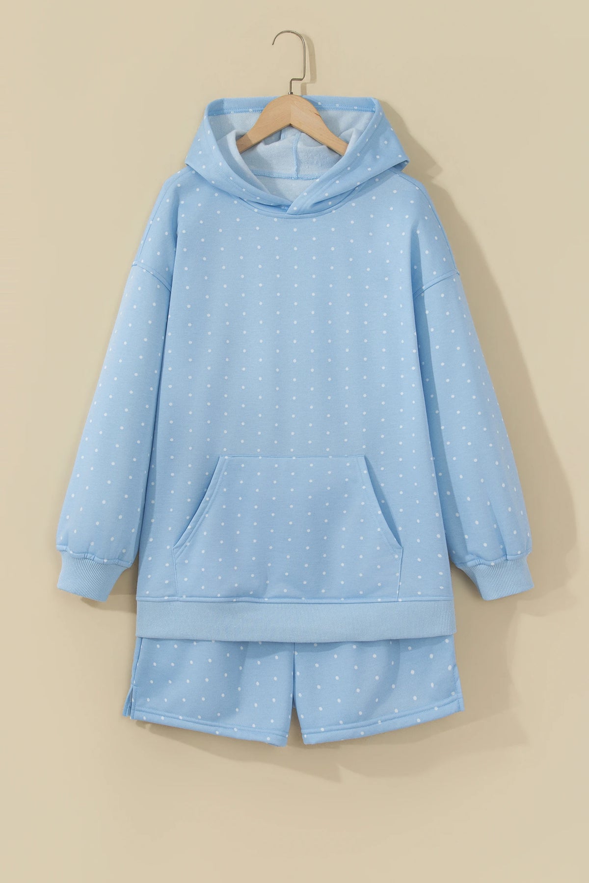 Polka Dot Kangaroo Pocket Hoodie & Shorts Set