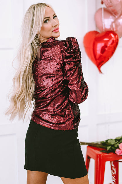 Solid Sequin Mock Neck Long Sleeve Top