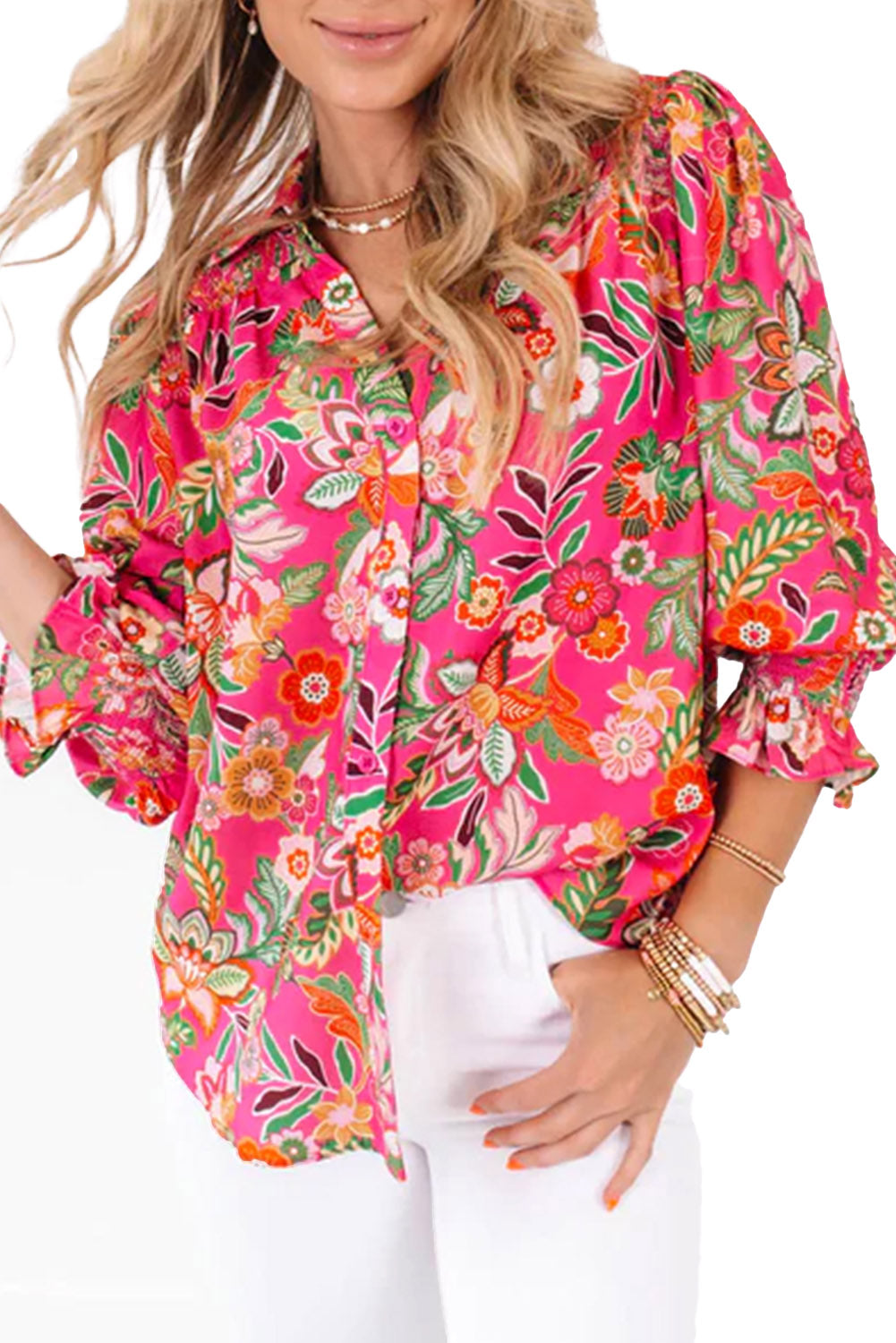 Floral Smocked Cuff Buttoned Shirt