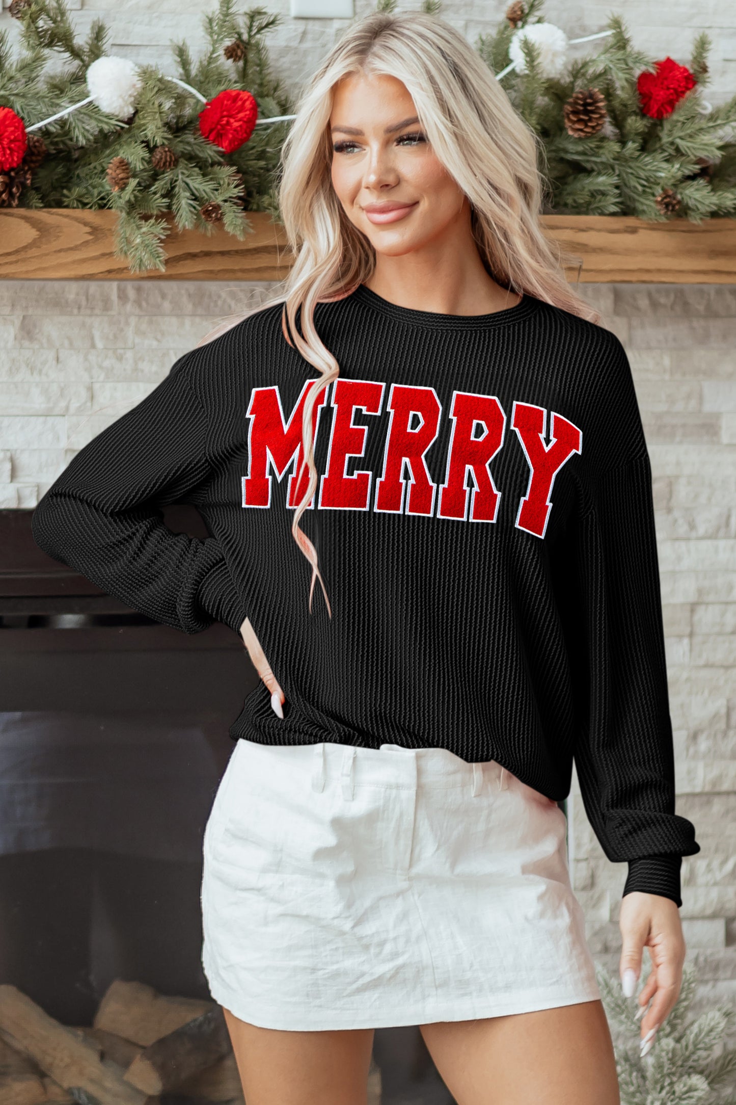 Christmas Merry Corded Knit Long Sleeve Top