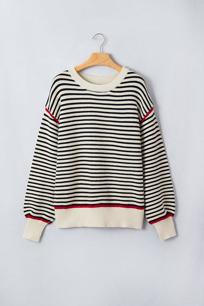 Stripe Ribbed Trim Reverse Seam Drop Shoulder Sweater