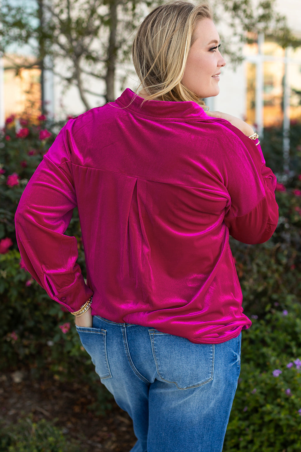 Plus Size Velvet Button-Up Pocketed Drop Shoulder Shirt