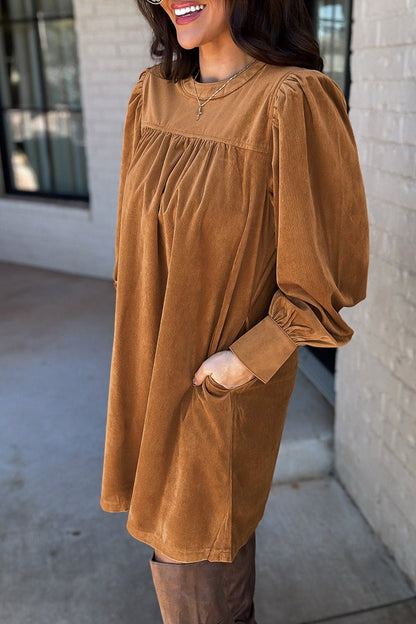 Corduroy Puff Sleeve Short Dress