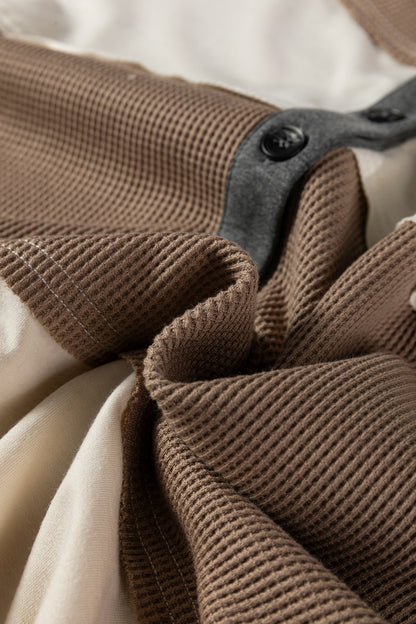 Plus Size Colorblock Waffle Knit Patchwork Half-Button Top