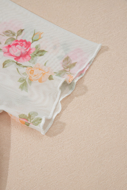 Floral Mesh Mock Neck Short Sleeve Top