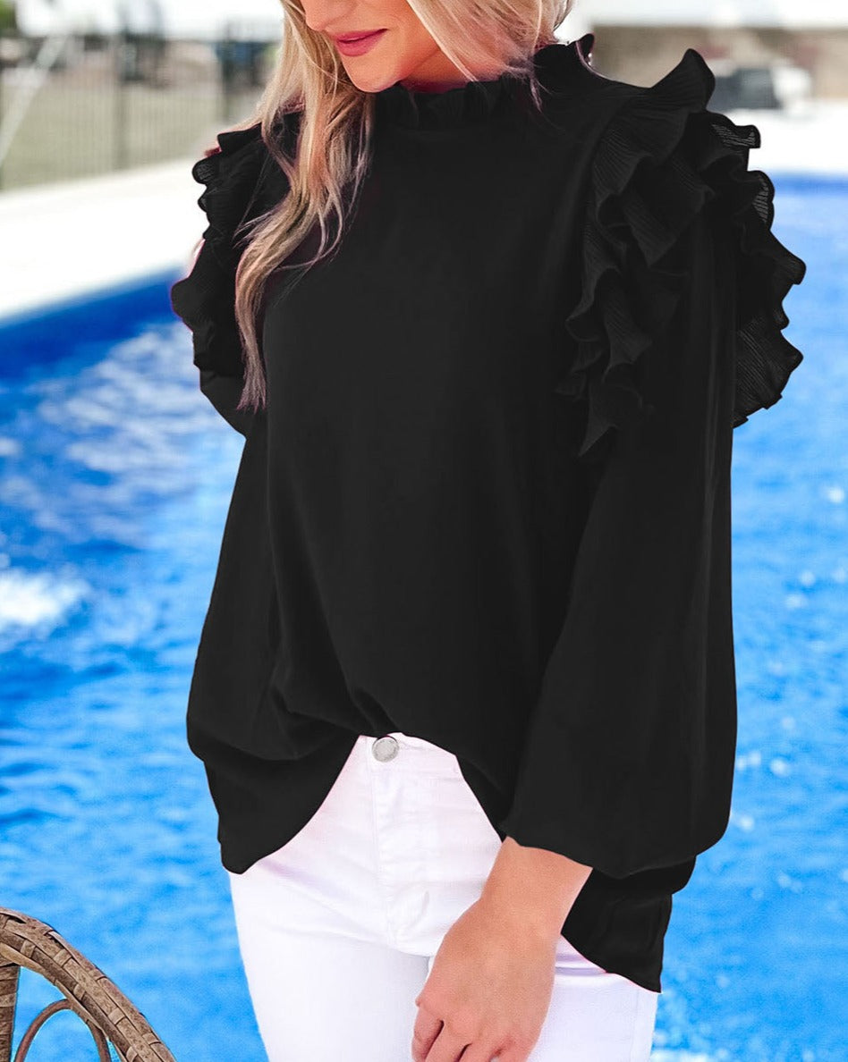 Pleated Ruffle 3/4 Sleeve Blouse