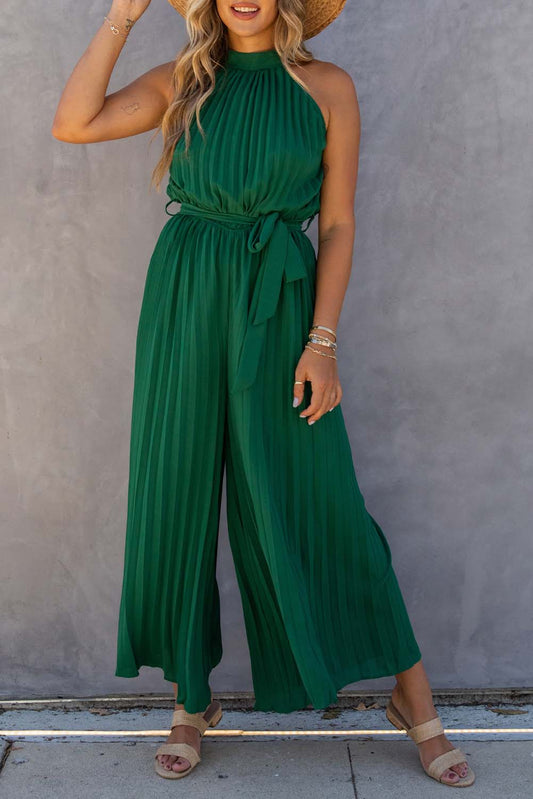 Pleated Halter Wide Leg Jumpsuit