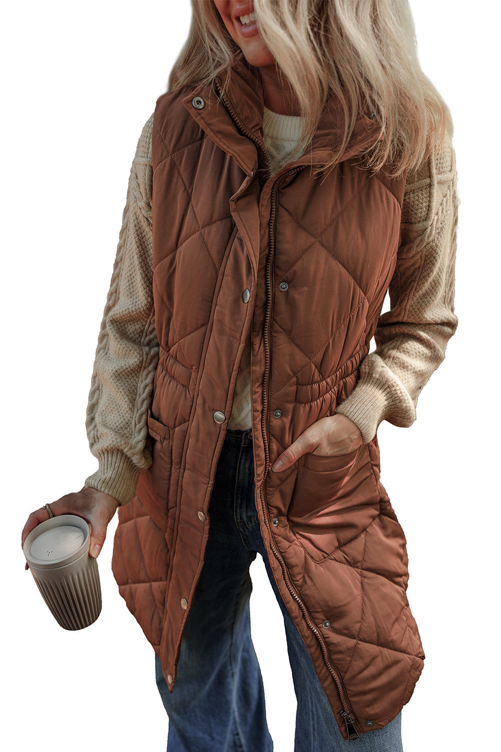 Quilted Longline Pocketed Puffer Vest