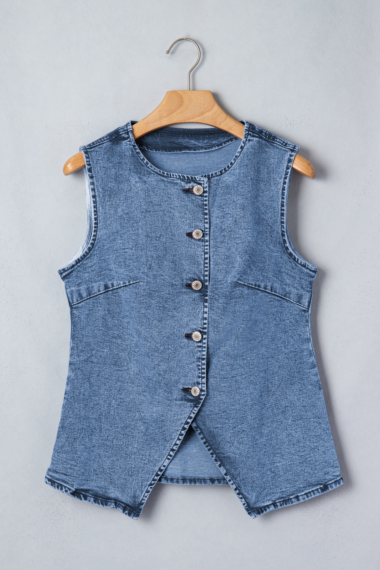 Western Denim Button Front Slit Sleeveless Vest
