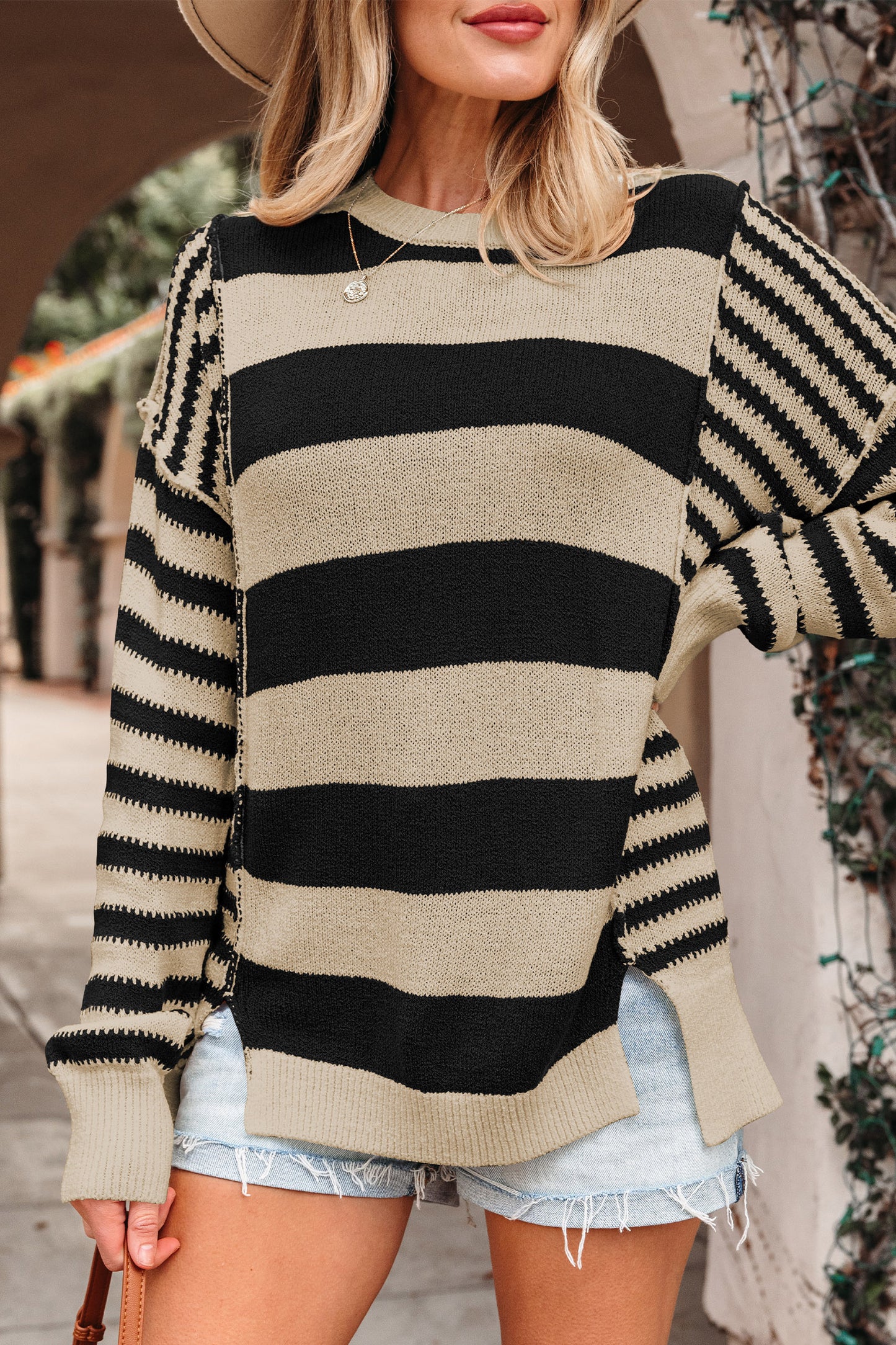 Stripe Patchwork Drop Shoulder Sleeve Sweater
