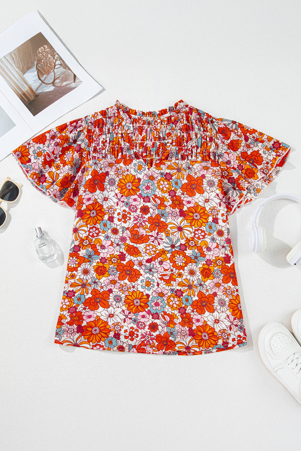 Floral V-Neck Pleated Ruffle Short Sleeve Blouse