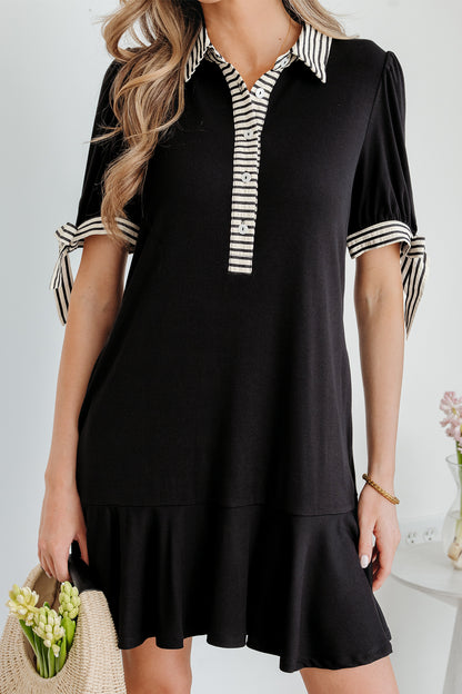 Stripe Polo Collar Tied Short Sleeve Mini Dress