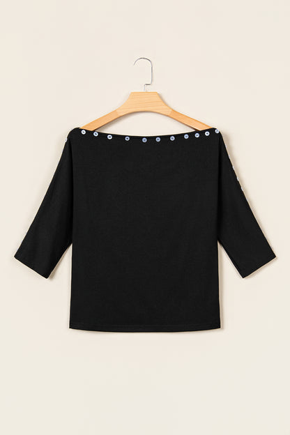Solid Buttoned Off Shoulder 3/4 Sleeve Top