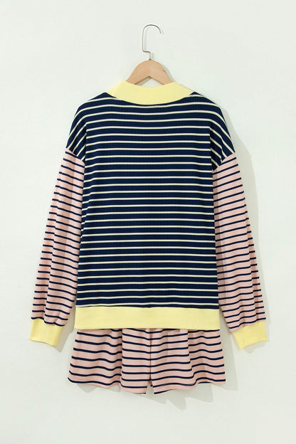 Stripe Long Sleeve Mock Neck Ribbed Knit Top & Shorts Set