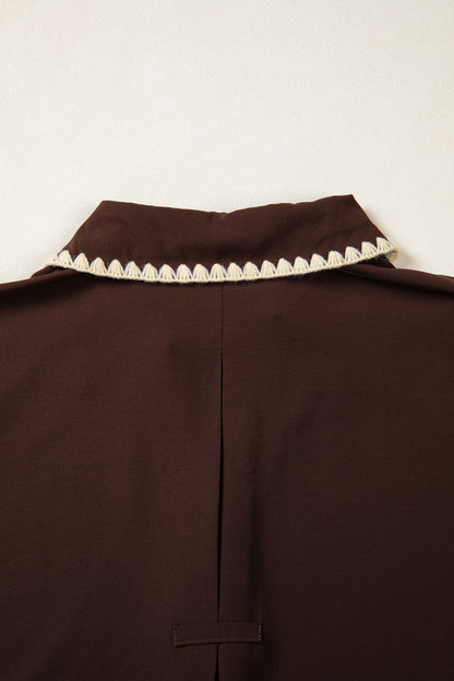 Contrast Trim Button V-Neck Short Sleeve Blouse