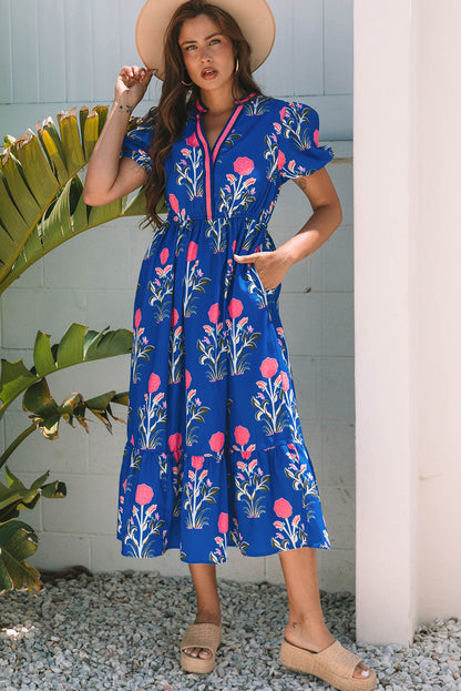 Floral Puff Sleeve V-Neck Maxi Dress