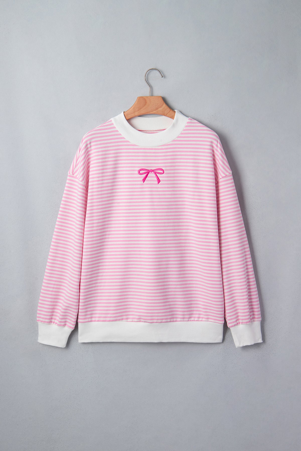 Stripe Bow Embroidered Contrast Mock Neck Sweatshirt