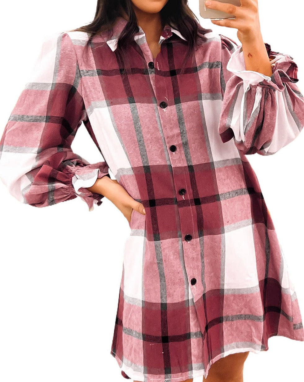 Plaid Puff Sleeve Shirt Dress