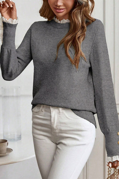 Lace Trim Patchwork Buttoned Cuff Sweater