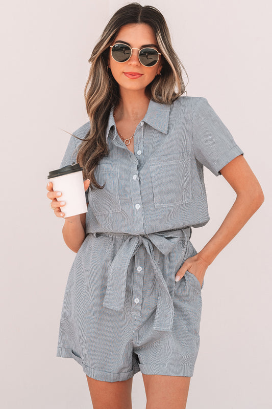 Stripe Chest Pockets Buttoned Collar Belted Romper