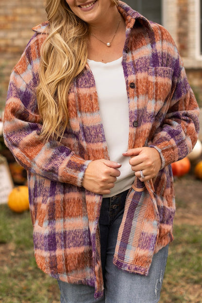 Plus Size Plaid Buttoned Long Jacket