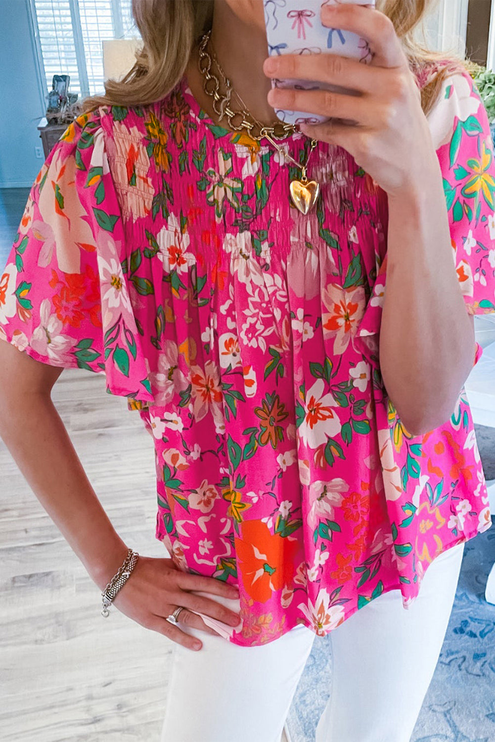 Floral Short Sleeve Smocked Blouse