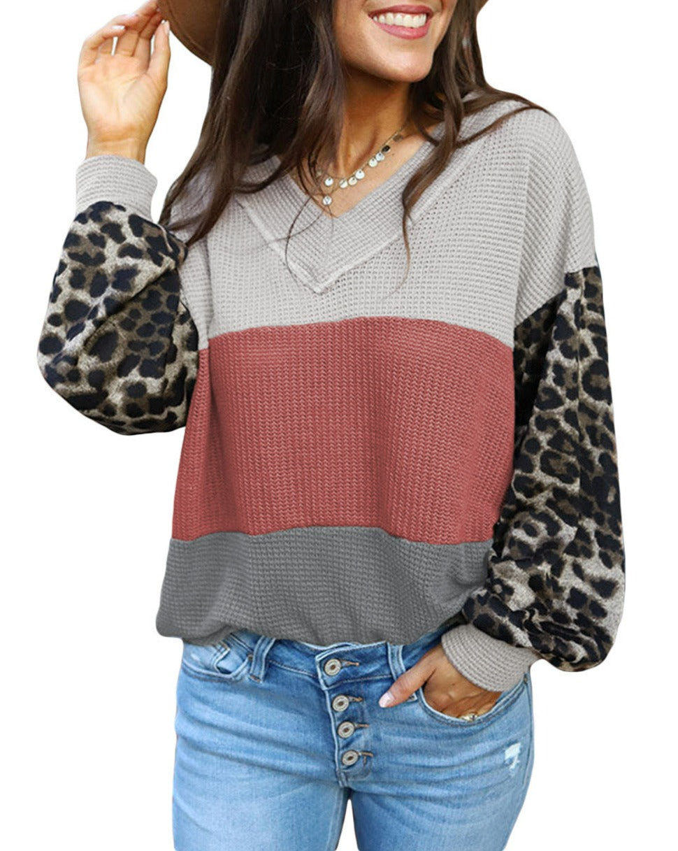 Leopard Colorblock Waffle V-Neck Top