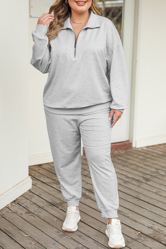 Zipper Pullover and Jogger Set Plus Size