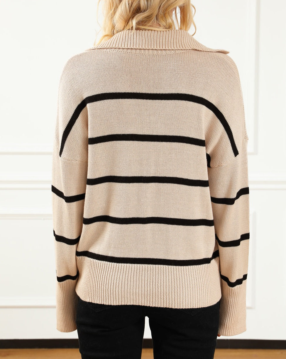 Stripe Collared V-Neck Pullover Sweater