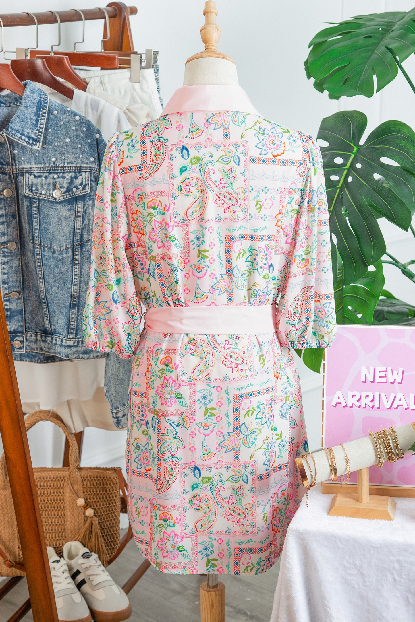 Boho Floral Colorblock 3/4 Sleeve Belted Mini Dress