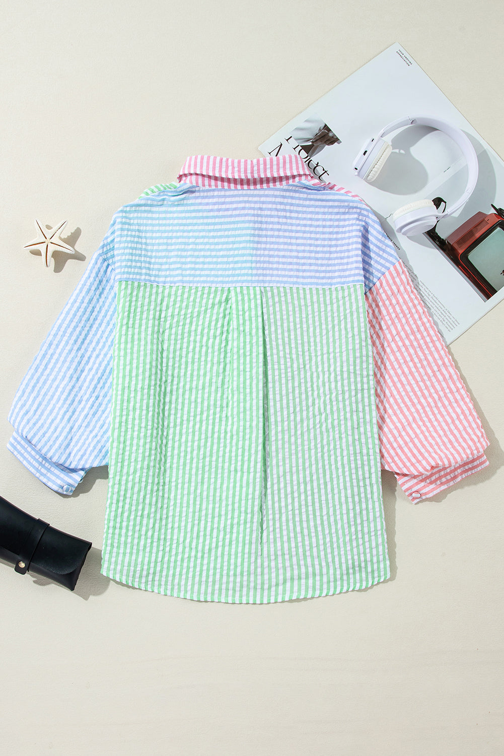 Stripe Colorblock Balloon Sleeve Shirt