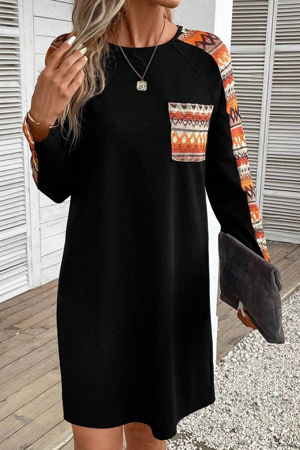 Geometric Patchwork Raglan Sleeve Dress