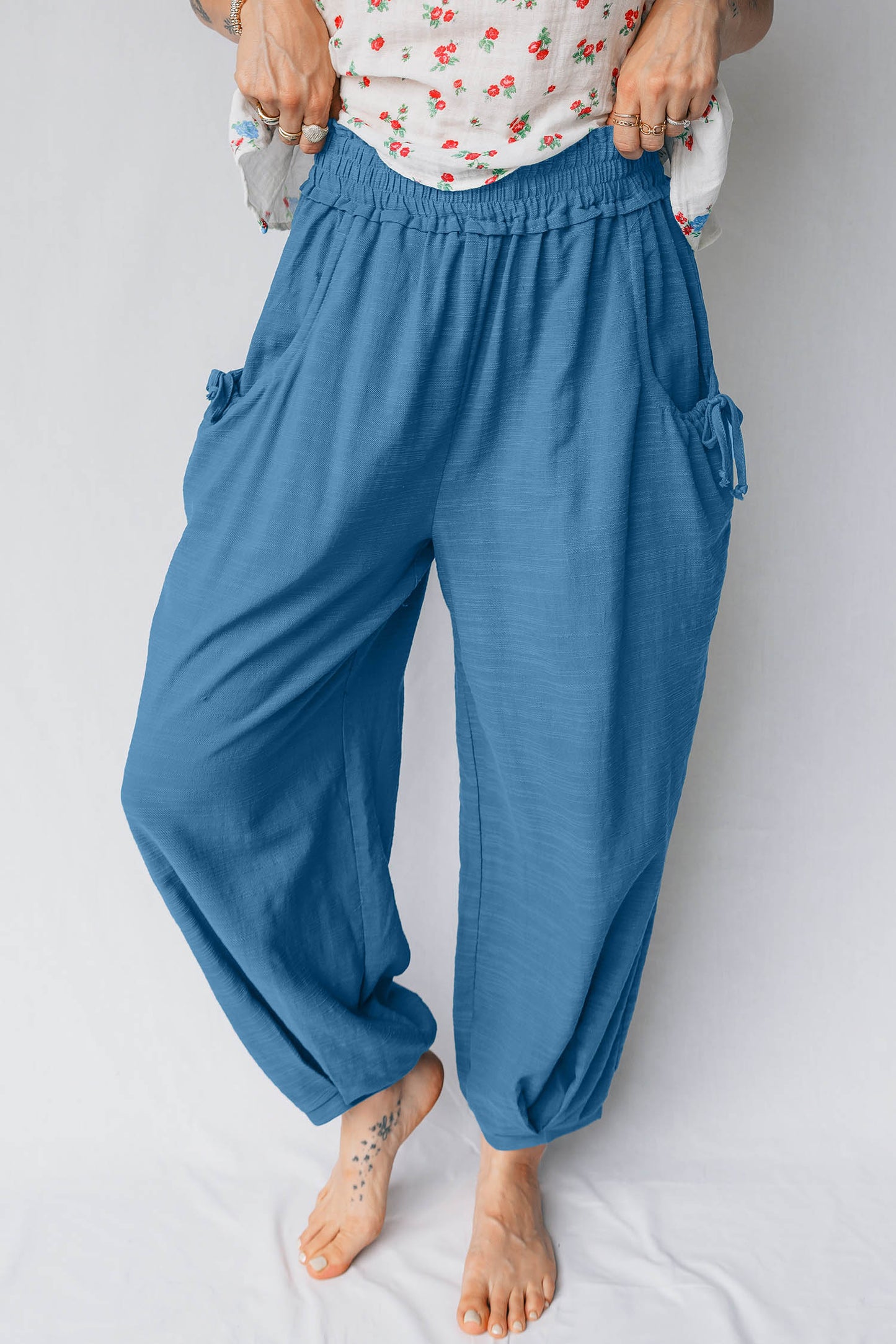 Smocked High Waist Drawstring Pocket Jogger Pants