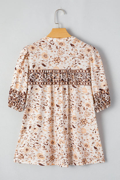 Boho Floral Half Placket Short Sleeve Blouse